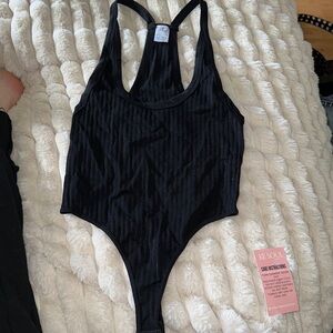 One size black, ribbed thong, bodysuit